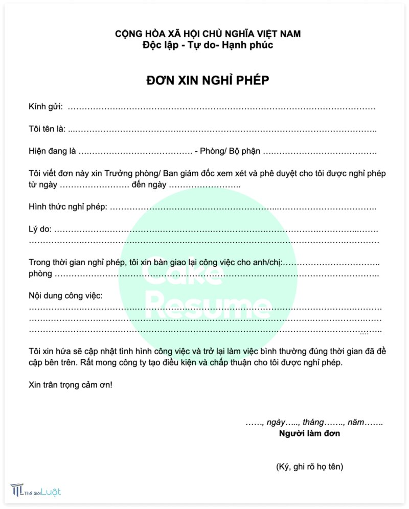 Mẫu đơn xin nghỉ việc - Đơn xin nghỉ việc riêng (có hưởng lương)