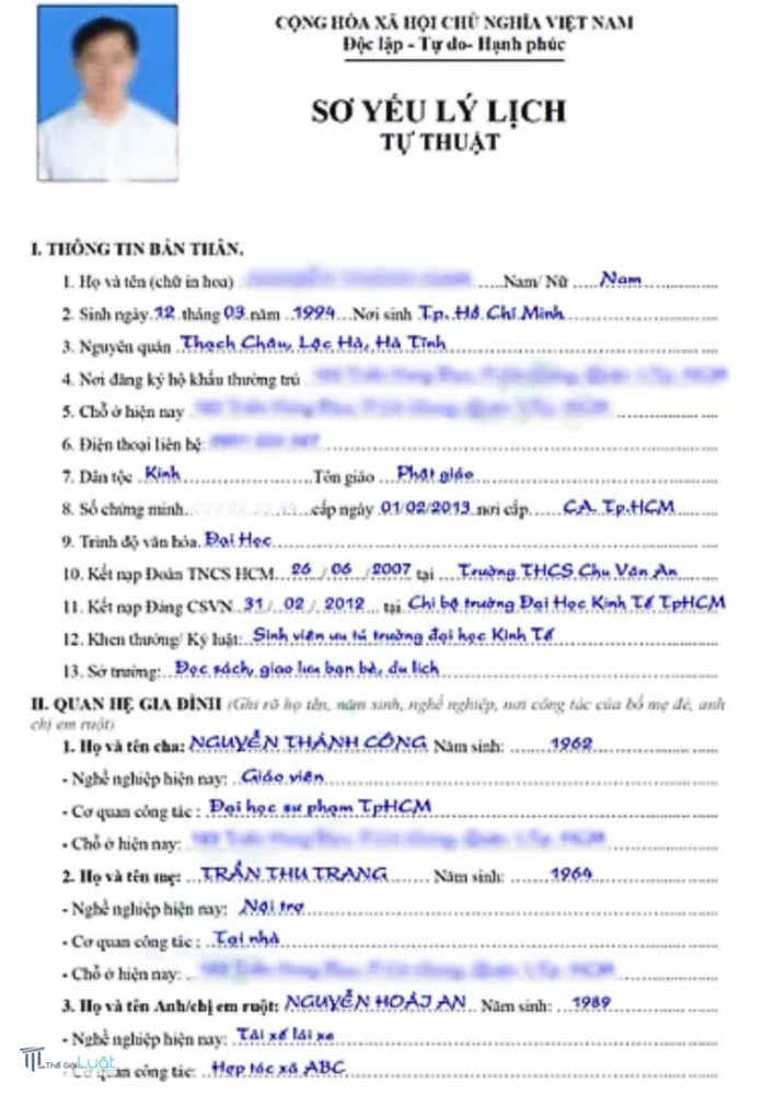 Sơ yếu lý lịch - Nội dung mẫu Sơ yếu lý lịch - Nội dung mẫu